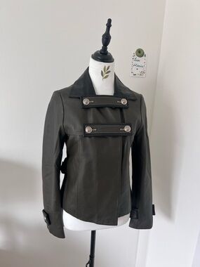 Vintage Dark Olive Real Leather Double Breasted Silver Buttons Military Jacket M